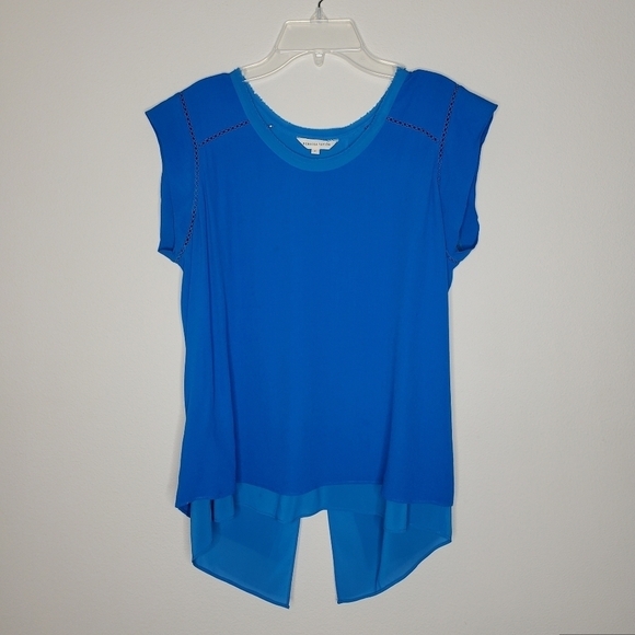 Rebecca Taylor Blue Layered Split Back Cut Out Crepe Top - Picture 2 of 8
